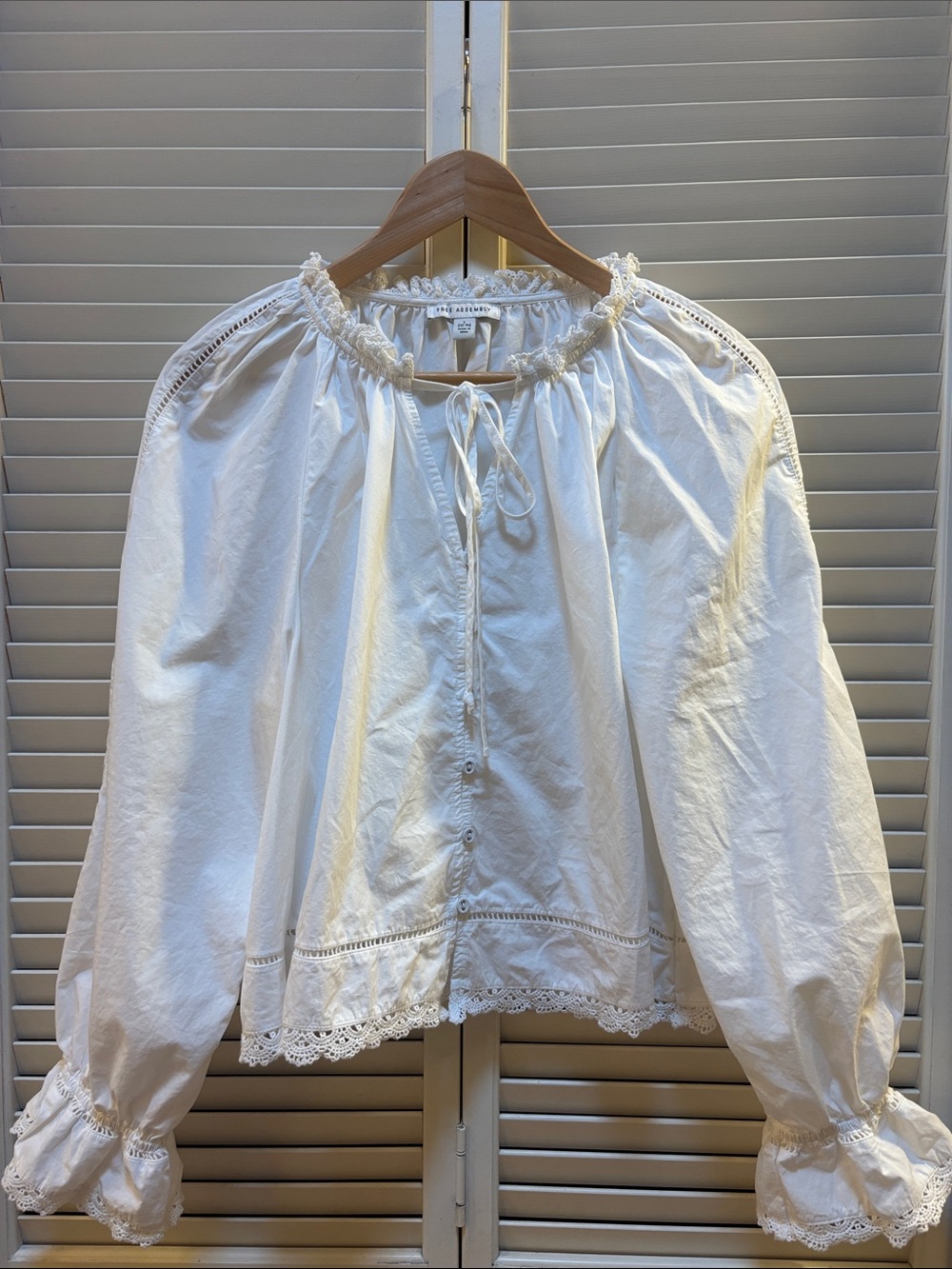 Smocked-Neck White Lace-Trim Peasant Blouse